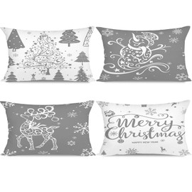 Artmag Christmas Pillow Covers 12x20 Set of 4 Christmas Decoration Trees Deer Snowman Merry Christmas Decorative Holiday Farmhouse Pillow Cases for Holiday Christmas Decoration（Grey）