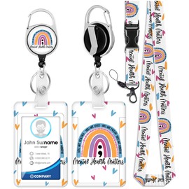 Plifal ID Badge Holder with Lanyard and Retractable Badge Reel Clip, Rainbow Mental Health Matters Card Name Tag Lanyard Vertical ID Protector Bage Clips for Nurse Nursing Psychologist Doctor Student