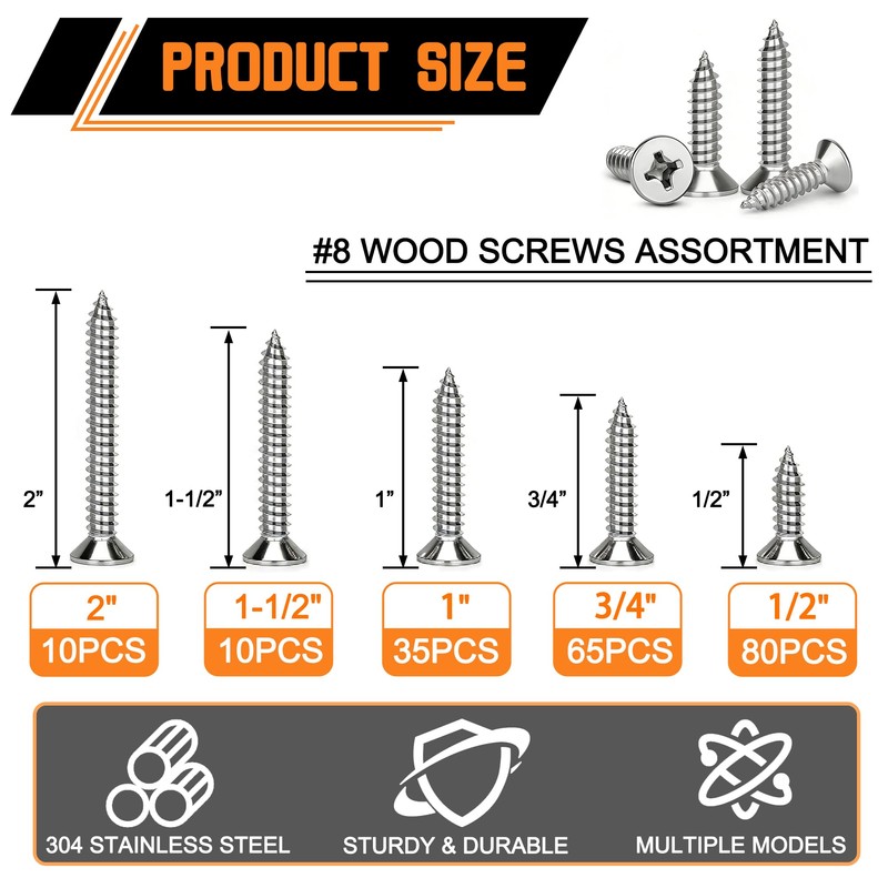 Dianrui 200 PCS 304 Stainless Steel Screws, #8 Wood Screws