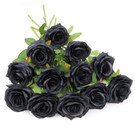 LVEFIT Artificial Rose Flower Black Flowers Black Roses Silk Flowers 12 pcs with Long Stem Silk Roses Bouquet for Wedding Bridal Shower Party Home Decoration