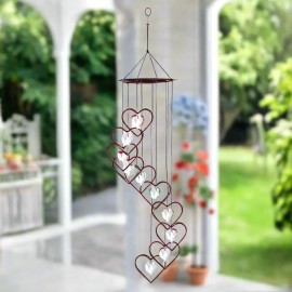 Heart Windchimes, Outdoor Decor, Chime Spiral Tunes Red Heart Ring w/ Heart Crystals