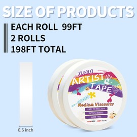 XUNAXI 2 Packs Artist Tape Medium Tack White Art Tape for Watercolor Paper Drafting Art Painting Canvas Framing Acid Free Masking Tape- 0.6IN Wide 197FT Long Total