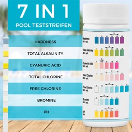 CNMTCCO 7 in 1 Pool Test Strips, Pack of 100 Pool Water Test Strips, Pool Tester PH and Chlorine, Hardness, Total Alkalinity, Cyanuric Acid, Pool Tester for Pool Spa Whirlpool