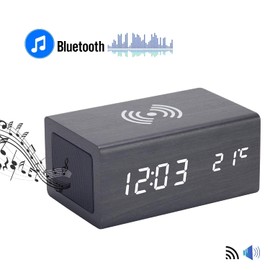 WOOD SHOW Alarm Clock, Speaker, Stylish, Table Clock, Digital Clock, Smartphone Charging Function, Interior Clock with Speaker, Wood Grain, Multi-functional Watch, Wireless Charger, Alarm Clock, Voice Detection Display, On/Off, Thermometer Function, Blue