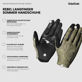 GripGrab Rebel MTB Gloves Summer Cycling Gloves Long Finger Gravel Bike Mountain Bike Cycling Gloves Unpadded