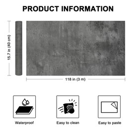 WADILE Black Gray Concrete Wallpaper 15.7 in * 118 in, Cement Contact Paper 3D Matte Textured, Wall Paper Pull and Stick Self-Adhesive & Removable