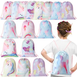 Xuniea 12 Pcs Unicorn Party Favor Bags Rainbow Drawstring Bag Candy Backpack Birthday Goodie Bags Unicorn Theme Treat Bags(10 x 12 Inch)
