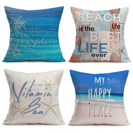 Fukeen Set of 4 Summer Beach Happy Place Throw Pillow Covers 18x18 Inch Rustic Wooden Ocean Sea Sign Starfish Tropical Trees Coastal Quotes Pillow Cases Home Decor Cotton Linen