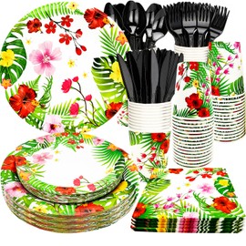 175Pcs Tropical Luau Party Supplies Aloha Hawaiian Paper Plates Set 9"& 7"Luau Plates Tropical Napkins Knives Forks Spoons Cups for Hawaiian Themed BBQs Summer Luau Birthday Party Decorations Serve25