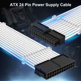 J&D ATX 24 Pin Power Supply Sleeved Cable, 11.8 inch 24 Pin Male to Female Braided Extension Cord with 3 Cable Combs for ATX Motherboard, White