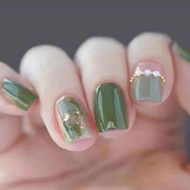 Nail Tip, Short, 24 Pieces, False Nails, Gold Line, Green, Gold Foil, 3D Pearl, Popular, Japanese Style, Cute, Simple, Fashionable Party, Autumn, Spring, Summer, Daily Life, Bridal Nail Tip, Coming of