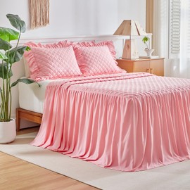 Ruffle Skirt Bedspread Set - 30" Long Drop - Vintage Chic Ruffled Summer Coverlet Bed Spreads Quilt Boho Bedding Farmhouse Style Lightweight Luxurious Rustic 2 Piece Set Twin Size Pink