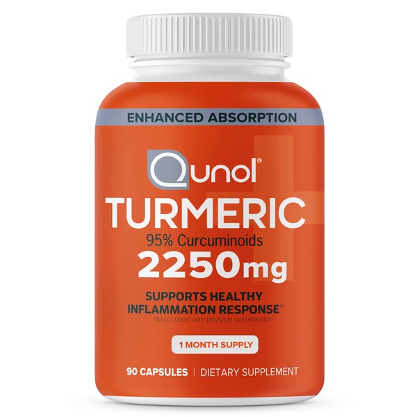 Qunol Turmeric Curcumin with Black Pepper, 2250mg Turmeric Extract with 95% Curcuminoids, Extra Strength Turmeric Supplement, Enhanced Absorption, Joint Support Supplement, 90 Vegetarian Capsules