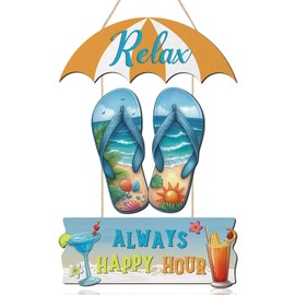 IARTTOP 3Pcs Always Happy Hour Wooden Sign, Vintage Hawaii Summer Beach Wall Hanging Sign,Colorful Sun Umbrella Slippers Cocktail Tiki Bar Door Decor for Party Front Door Home