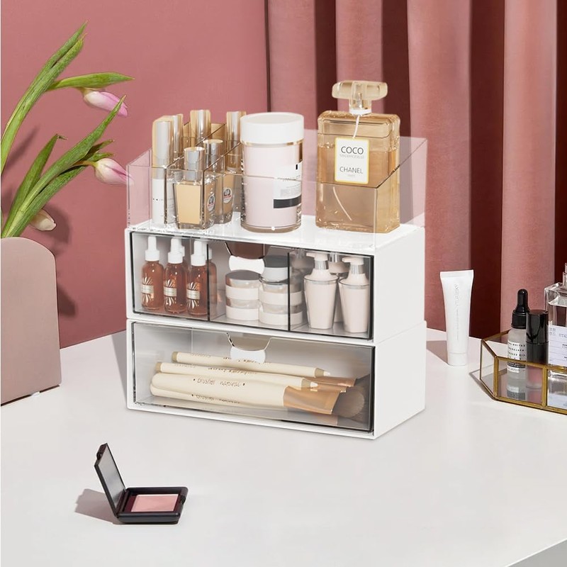 Umllpet 3 Stück Acryl Badezimmer Organizer Schubladen, Stapelbare Transparent Kosmetik