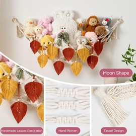 Pretty Jolly Stuffed Animal Hammock with Leaves Moon Shaped Boho Macrame Wall Hanging Organizer, Hanging Stuffed Animal Storage, Nursery Room Decor for Girls Boys (Red & Yellow)