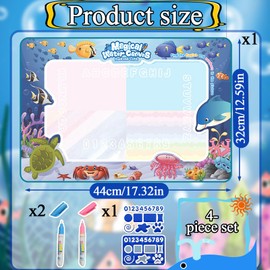 Water Doodle Mat, 44×32cm Aquadoodle Mat with Magic Pens and Molds, Reusable No Mess Water Drawing Mat, Water Mat Drawing 2 3 4 5 6 Year Old Boy Educational Toy Gifts