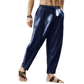 Gafeng - Pantalones Harén de lino para hombre, estilo casual, holgados, con cordón en la playa, cintura elástica, pantalones de yoga con bolsillos, marino, M