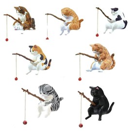 YULIAO Pack of 7 Cat Fishing Ornaments, Fishing Cat Statue, Fish Shelter Ornament, Cute Cat Figures, Interesting Fish Tank Ornaments, for Garden, Balcony, Ponds Desk Decoration