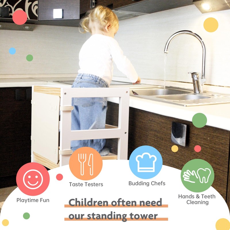 WOOD CITY Kitchen Stool Helper for Kids with Non-Slip Mat,