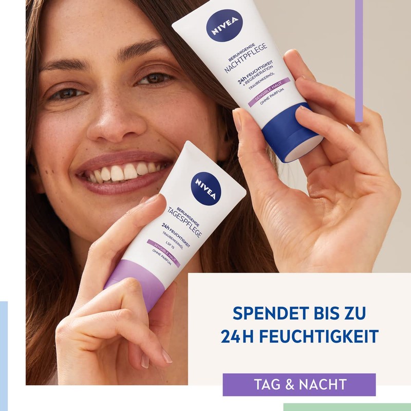 NIVEA Beruhigende Tagespflege 24h Feuchtigkeit LSF 15, parfumfreie Gesichtscreme für