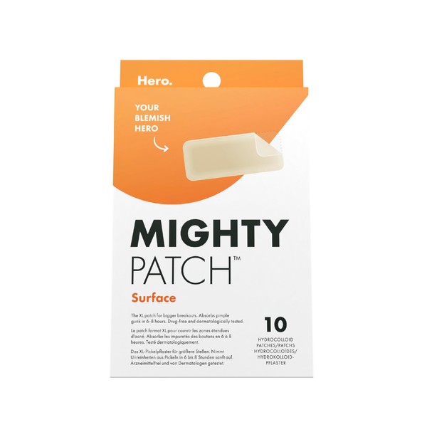 Mighty Patch Surface Spot Patches by Hero Cosmetics, XL Spot Remover Hydrocolloid Patches, Day & Night Acne Treatment & Anti Acne Dots, Face & Body Spot Treatment Stickers - 10 Large Pimple Patches