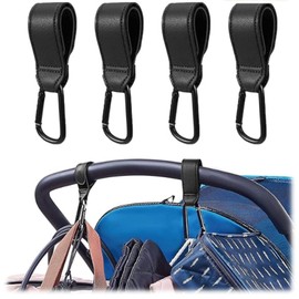 Pram Hook Clips, Pack of 4 Buggy Clips Carrier Pram Hooks, Pram Bag Holder Made of Leather, Bag Hooks for Strollers, Pram Clips, Pram Hooks for Bags, Backpack (Black)
