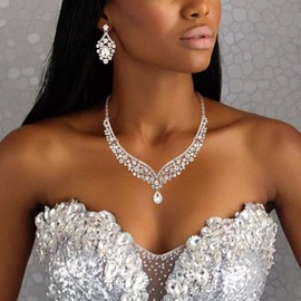 Ever Faith Wedding Jewelry for Bride Austrian Crystal Elegant V-Shaped Statement Teardrop Necklace Earrings Bracelet Set Clear Silver-Tone