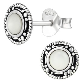 EYS JEWELRY Women's Round 925 Sterling Silver Opal Stud Earrings, Oxidised Silver, White