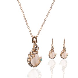 ASHMITA Rose Gold Teardrop Necklace Gemstone Dangle Earrings Wedding Jewelry Set