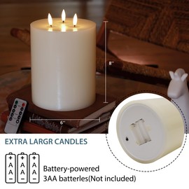 SEHNSY 3 Wick Extra Large Flameless Candles, 6"x8" Flat Battery Operated Candles with Remote, Real Wax Led Candle with 3D Flickering Flame, Fake Candles for Home Decor (Ivory)