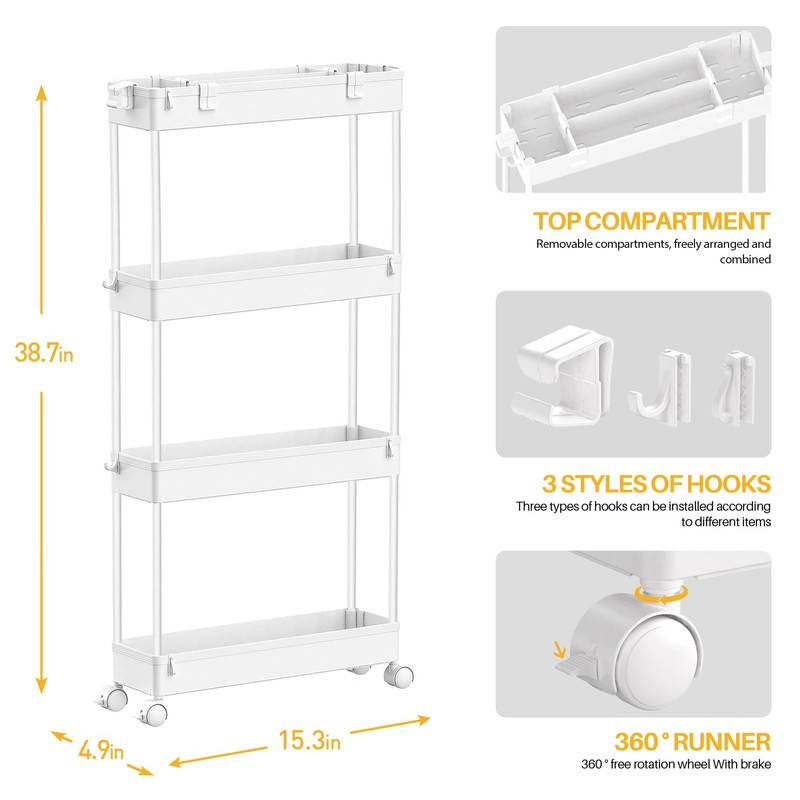 SPACELEAD Slim Storage Cart 4 Tier,Bathroom Organizer Rolling Utility, Mobile