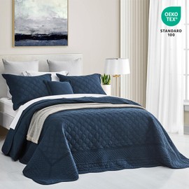 CHIXIN Oversized Cotton Bedspread Queen Size - Real Stitching - Luxury Quilted Bedding Cover for All Season, Reversible, Ultra Soft, Lightweight, 3 Piece, Navy