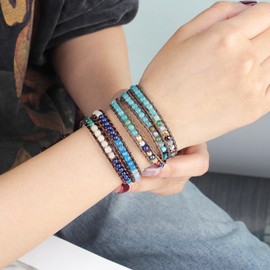 KELITCH Multi Stone Agate Bracelets 3 Wrap Bracelet New Summer Leather Bracelet (Green)