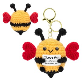 Dalycro Positive Bee Keychain Hand-Knitted Crochet Bee with Wings Inspirational Gift for Women Birthday Valentine's Day (Romantic)