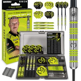 WINMAU Michael van Gerwen MvG Steeltip Gift Set - 50 Piece Darts Set with 4 sets of Shafts, 4 sets of Flights plus Accessories