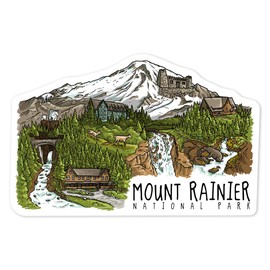 Die Cut Sticker Mount Rainier National Park, Washington, Line Drawing, Waterfalls, Vinyl Sticker 1 to 3 inches (Waterproof Decal for Cars, Water Bottles, Laptops, Coolers), Small