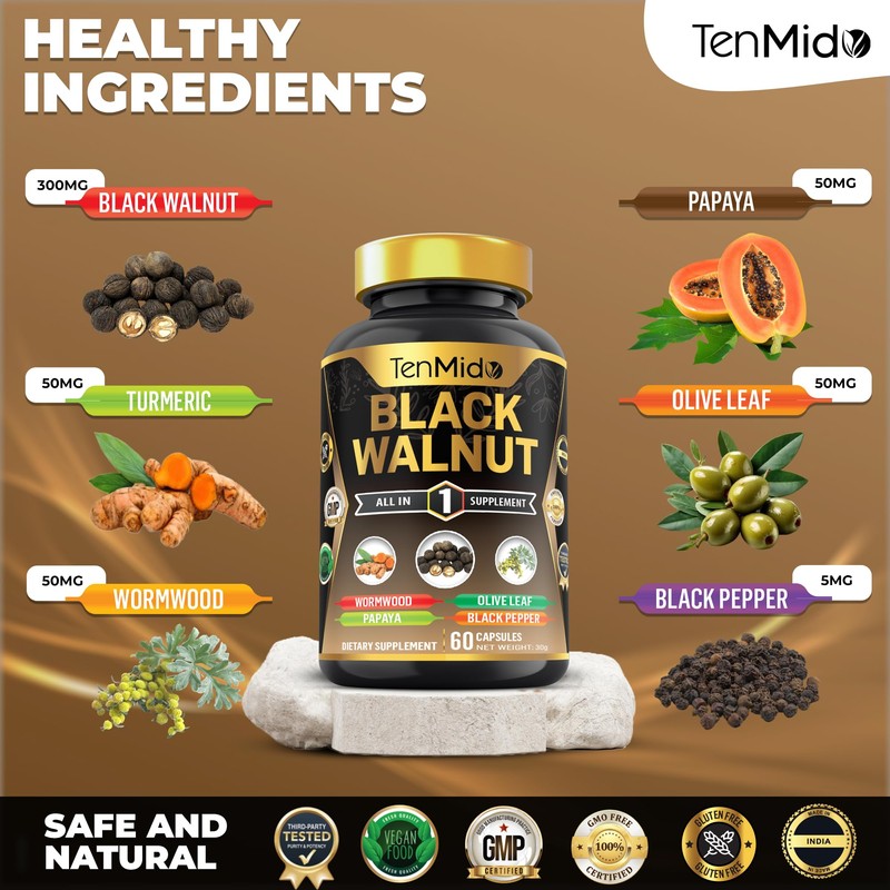Black Walnut Supplement - 6in1 Blend with Wormwood, Turmeric, Papaya,