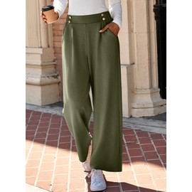 EVALESS Womens Wide Leg Pants High Waisted Business Work Casual Petite Slacks Ladies Loose Stretchy Straight Double Button Pleated Dress Trousers Fall Fashion 2025 Pants with Pockets Green Small