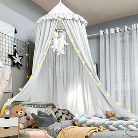 Hommi Lovvi Bed Canopy for Girls, Dreamy Frills Ceiling Hanging Princess Canopy Bedroom Decoration Soft Canopy Net Reading Nook, Extra Large Full Queen Size Bed Canopies - White