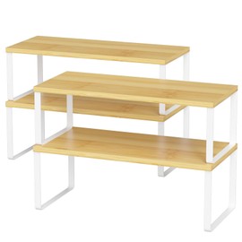NEX Kitchen Cabinet and Counter Shelf Organizer, Stackable & Expandable, Set of 4, White and Natural - 7.7 x 15.6 x 6.2''