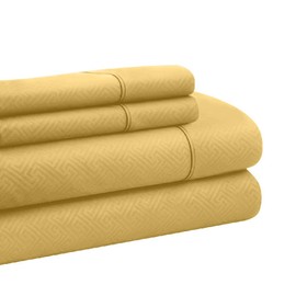 4 Piece Embossed Super Soft Fabric Microfiber Sheets King Size | Beautiful Emboss Geometric Design 16" Deep Pocket Yellow Gold Bed Sheet Set - Durable Comfortable Warm Cozy Wrinkle Free Luxury Sheet