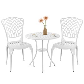 PATIO-IN Bistro Set 3 Piece Outdoor Patio Bistro Set White with Umbrella Hole, Rust Resistant White Bistro Table and Chairs Set of 2 Cast Aluminum Furniture for Porch Garden White