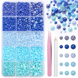 15000 Pcs Blue Flatback Pearls for Crafting, Assorted Size 3/4/ 6mm Half Pearls Bedazzling ABS Pearl Beads Gems for Nails Art DIY Crafts Face Makeup with Pickup Pencil Tweezer