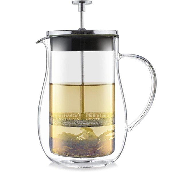 Teabloom Louvre Insulated Glass Tea Press - 34 OZ (4 Cups) - Loose Leaf Tea Steeper - Brew and Serve Hot Tea - Tea Connoisseur's Choice