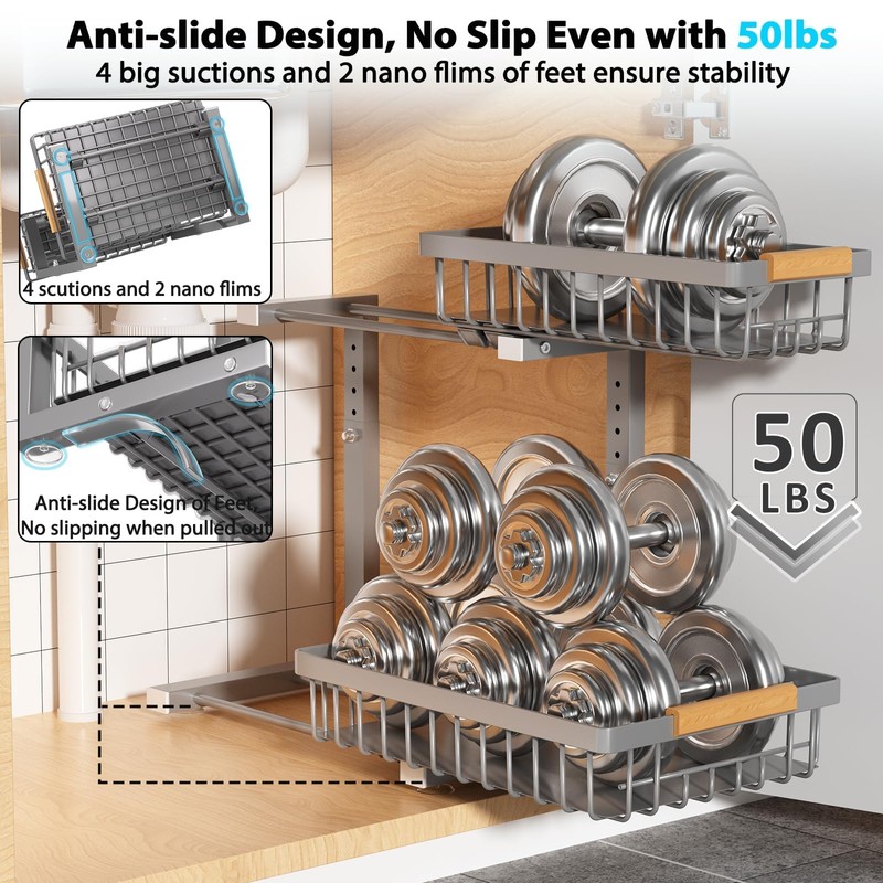 Liuoud Under Sink Organizer Storage 2 Pack, 2 Tier Slide