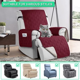QQJIN 100% Waterproof Recliner Chair Cover with Pockets, Elastic Strap, Non-Slip Armchairs Covers, 1 Seat Washable Recliner Cover for Kids, Dogs, Pets,Red,1 Seater