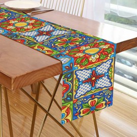 Table Runner Mexican Talavera Ceramic Tile Tablecloth Kitchen Dining Table Linen Rustic Dresser Scarf for Indoor Outdoor Home Decor Wedding Holidays Party 90 Inch