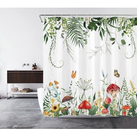LB Sage Green Plant Shower Curtain Red Mushroom Orange Butterfly Yellow Flowers Shower Curtain Set Eucalyptus Leaf Shower Curtains for Bathroom Waterproof Washable Fabric with Hooks,72x72 inch