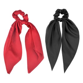 Pejlnd Hair Scarf Scrunchies for Women, 2Pcs Knotted Bow Hair Ties - Red Black, Satin Silk Elastic Hair Tie Bow Bands Ponytail Holder, Perfect Gifts for Her